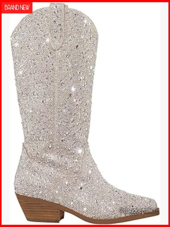 Shoes - Rhinestone Cowgirl Boots Sparkly Knee High Block Heel Mid Calf Booties